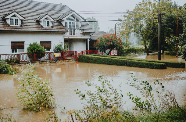 Flooded exterior of a home.