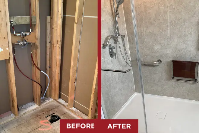 before and after photo of a shower remodel.