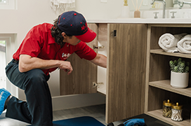 Mr. Rooter technician fixing a bathroom sink.