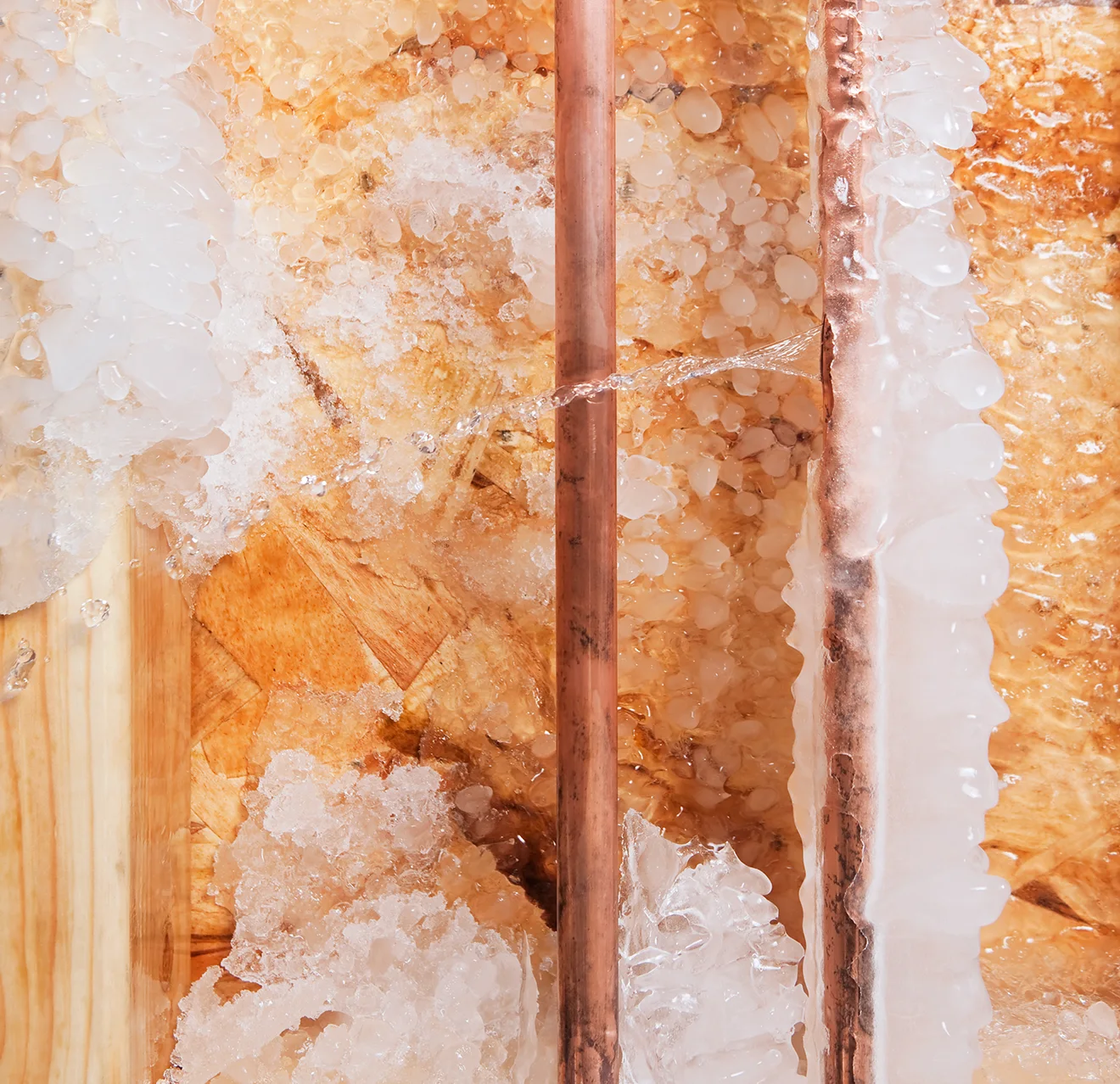 Close-up of a water pipe surrounded by ice, highlighting the texture and condensation on the glass surface.