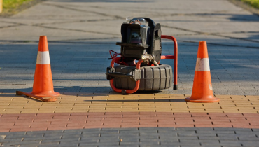 A plumbing video camera set up between two traffic cones before being used for a sewer camera inspection in Calgary.