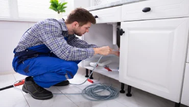 A plumber using a drain snake to clear pipes underneath a kitchen sink during an appointment for drain cleaning in Vaughan, ON.