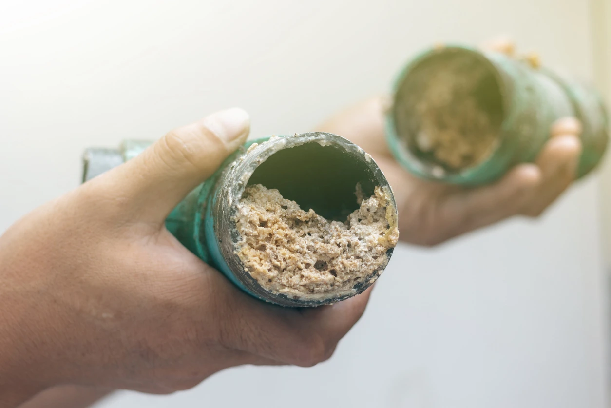 Close-up of a drain pipe filled with hardened grease buildup, demonstrating how fats, oils, and food residue can clog household sewer lines.